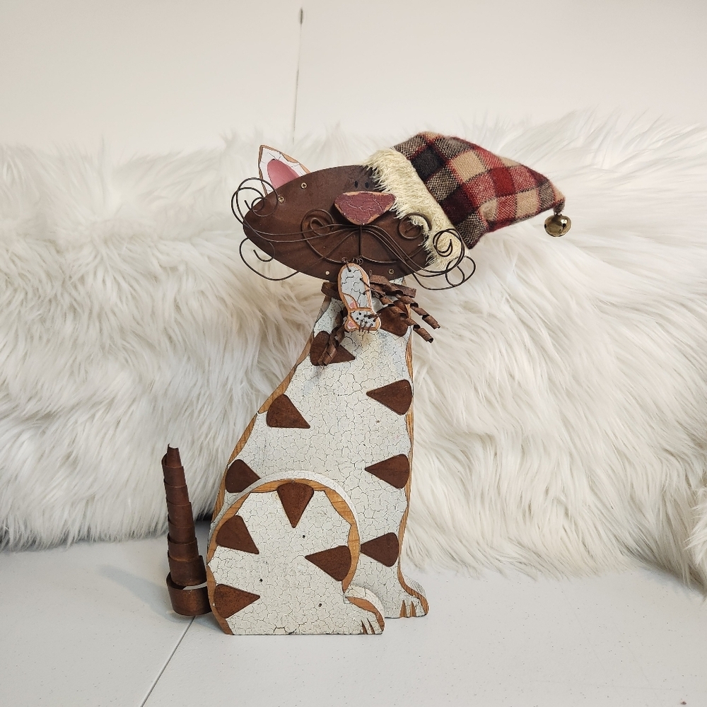 Vintage Rustic Wood Figure Sculpture Christmas Cat Shabby Decor Folk Art Cats